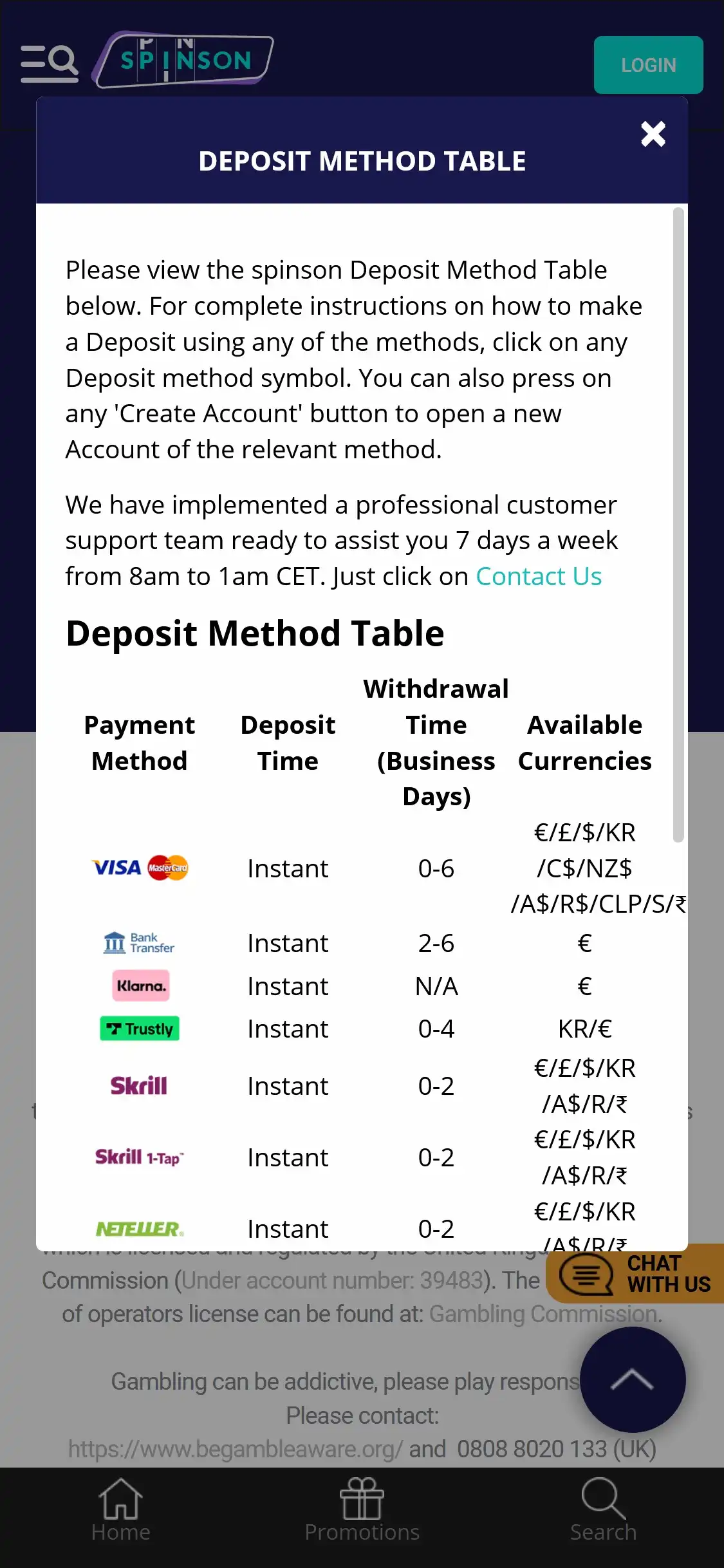 Spinson Casino Mobile Payment Methods Review