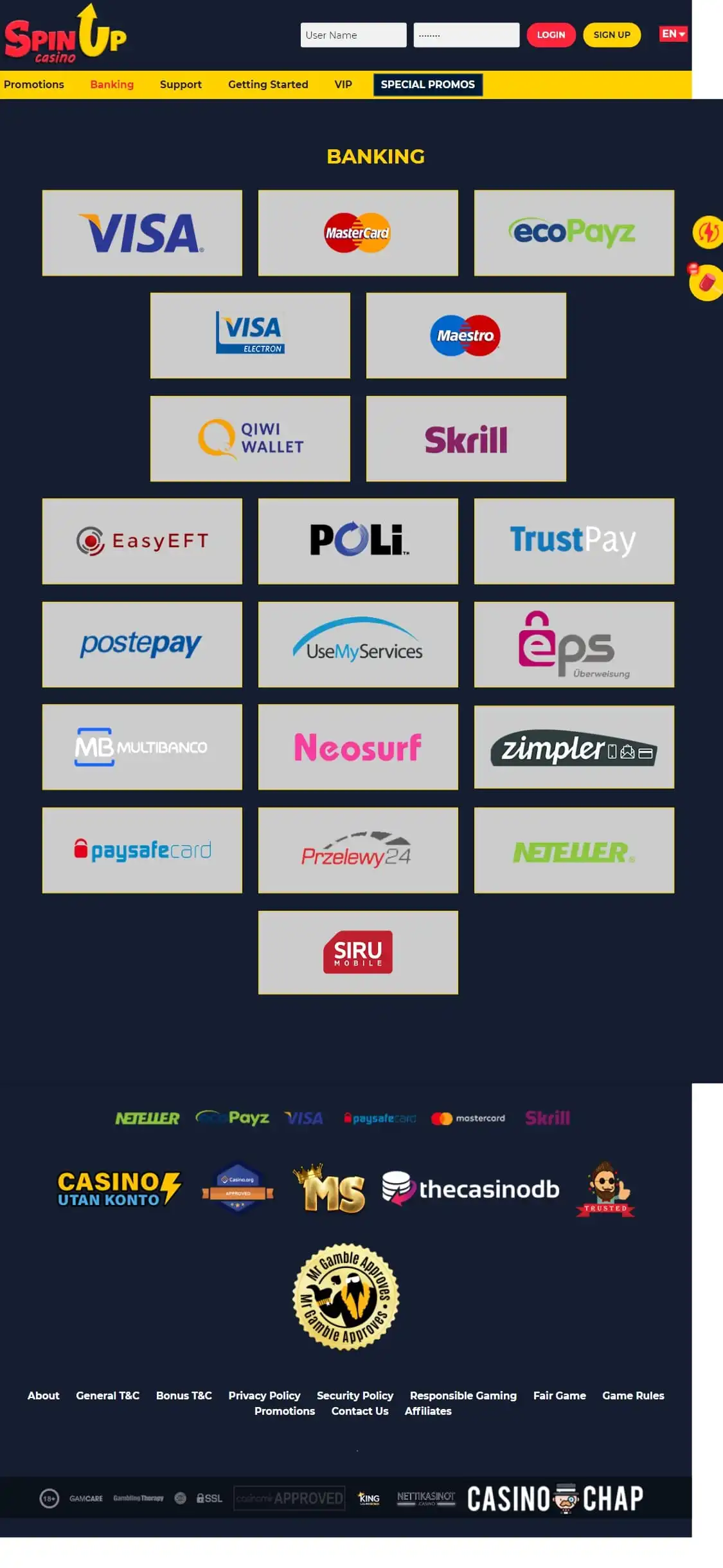 Spin-up Casino Mobile Payment Methods Review