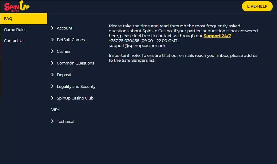 Spin-up Casino Mobile Support Review