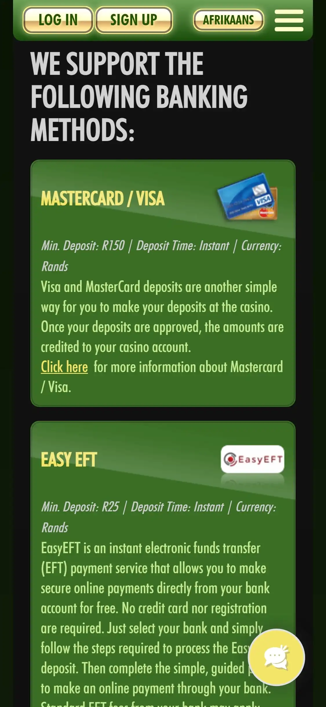 Springbok Casino Mobile Payment Methods Review