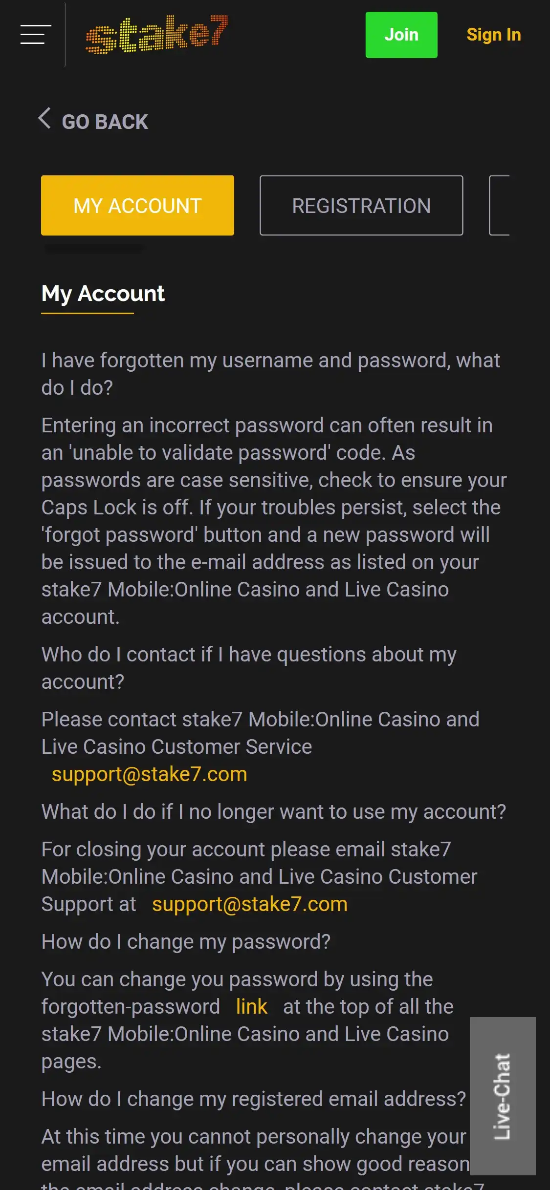 Stake 7 Casino Mobile Support Review