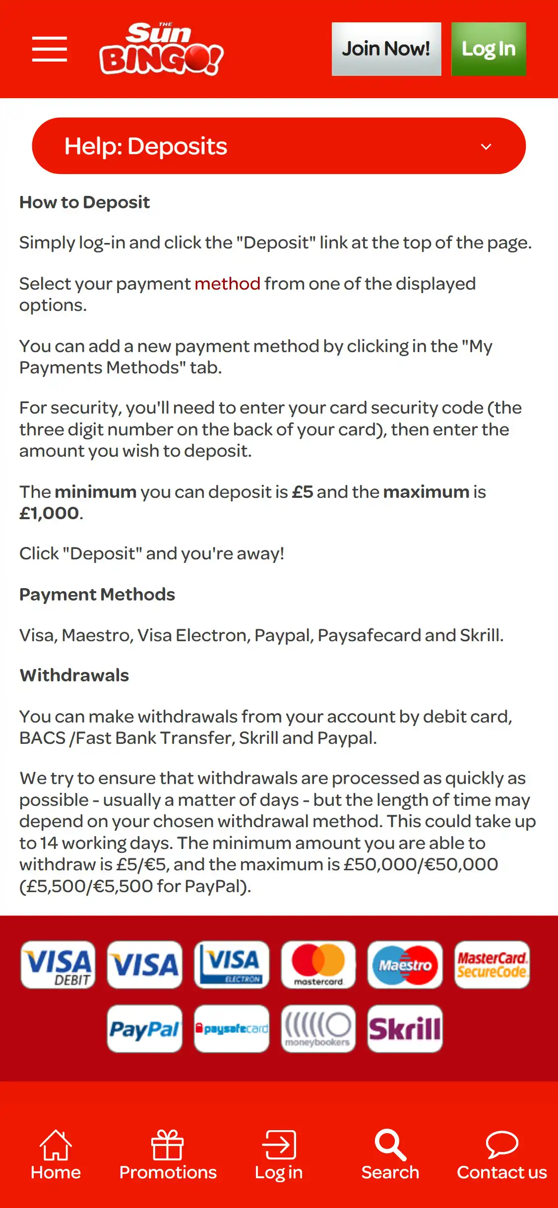 Sunbingo Casino Mobile Payment Methods Review