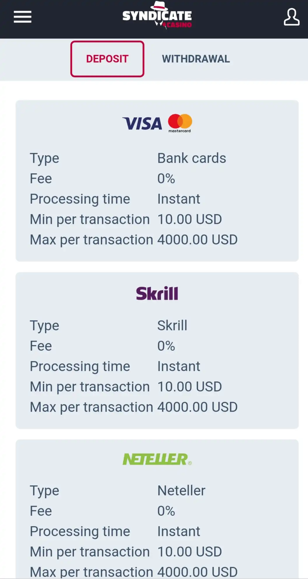 Syndicate Casino Mobile Payment Methods Review