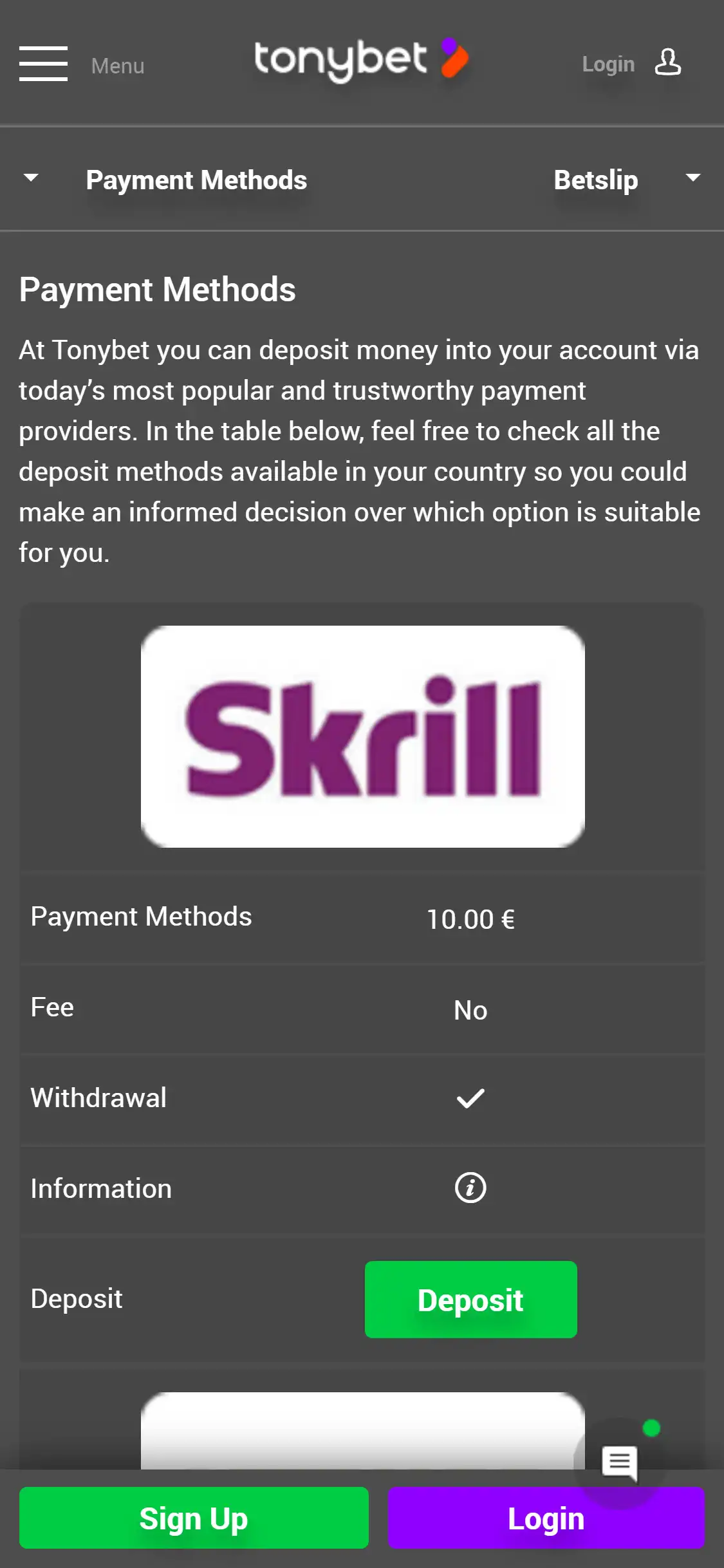 TonyBet Casino Mobile Payment Methods Review
