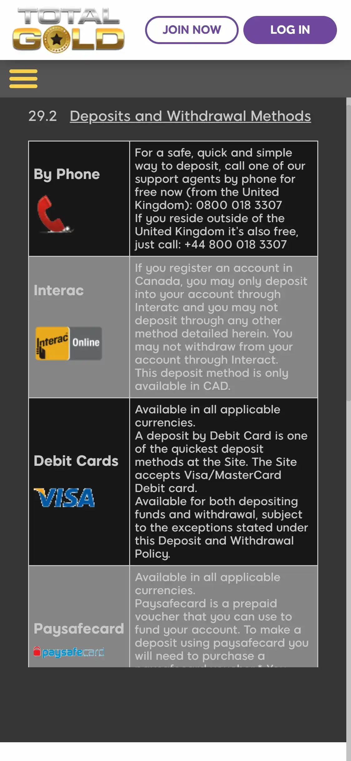 Total Gold Casino Mobile Payment Methods Review
