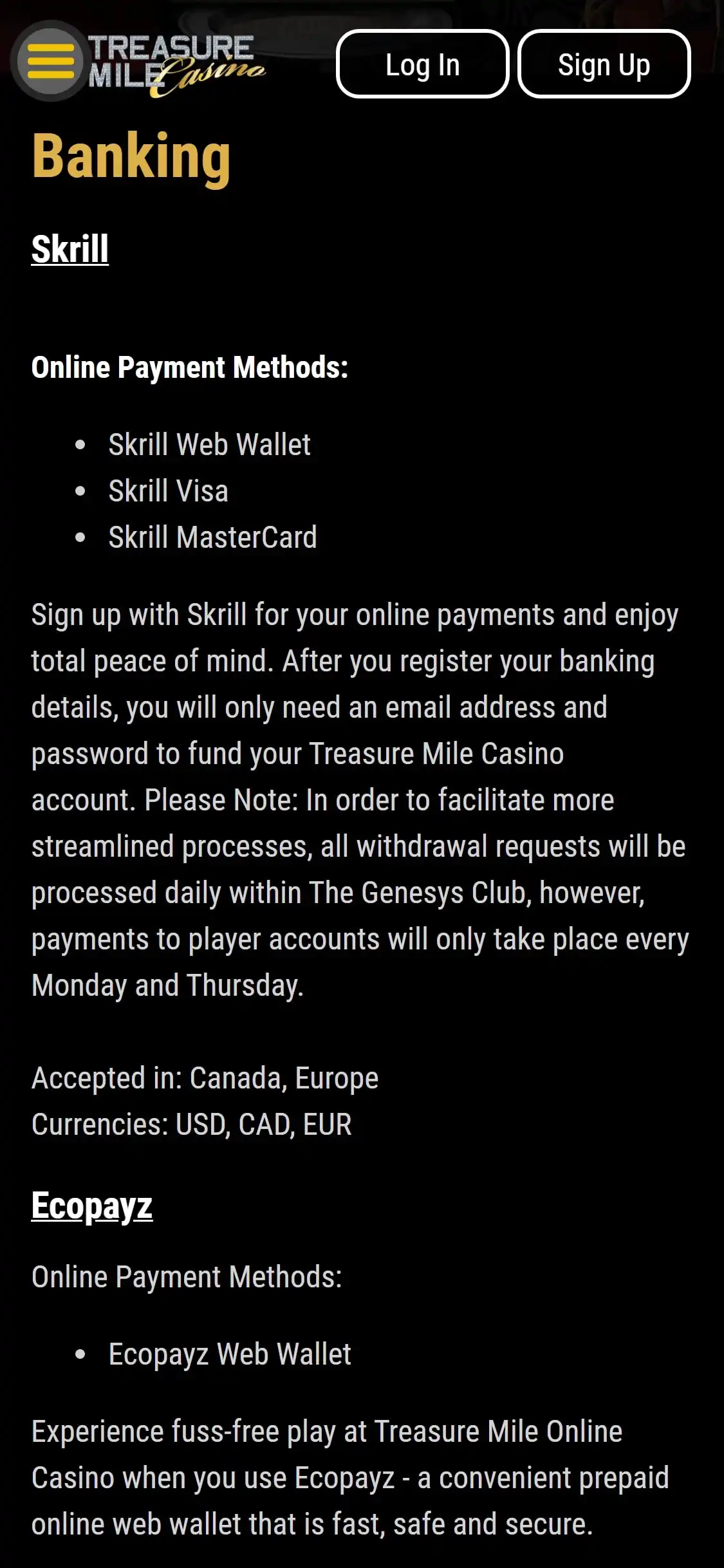 Treasure Mile Casino Mobile Payment Methods Review
