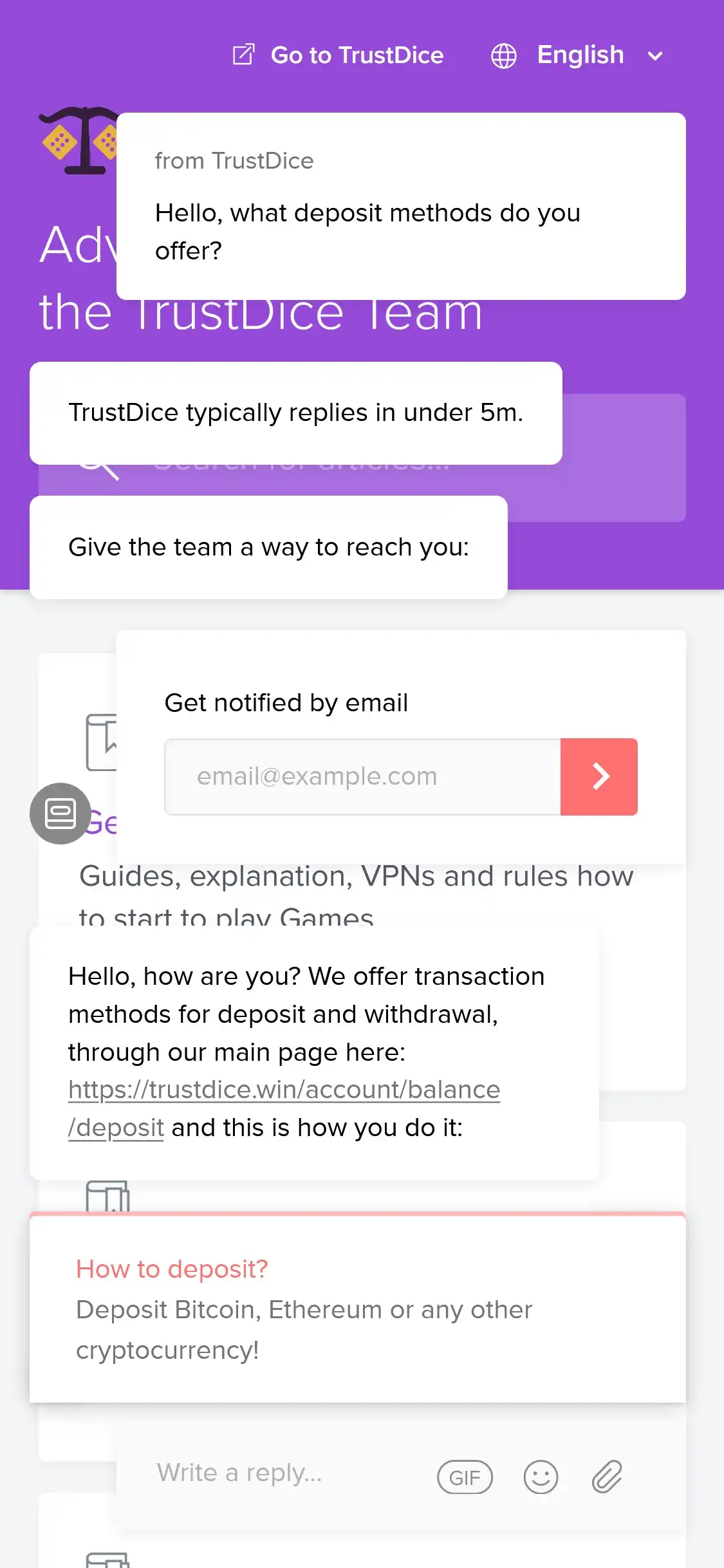 TrustDice Casino Mobile Support Review