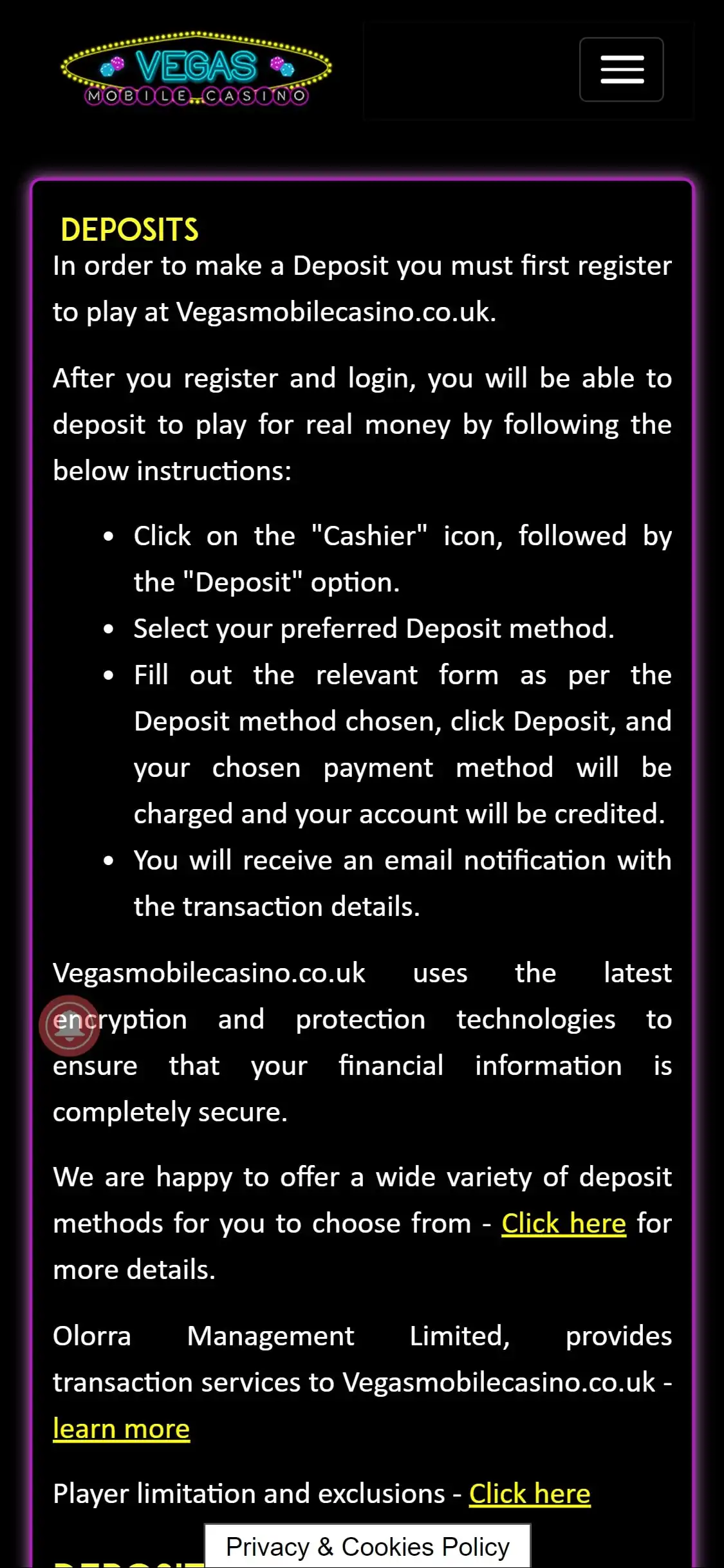 Vegas Mobile Casino Mobile Payment Methods Review