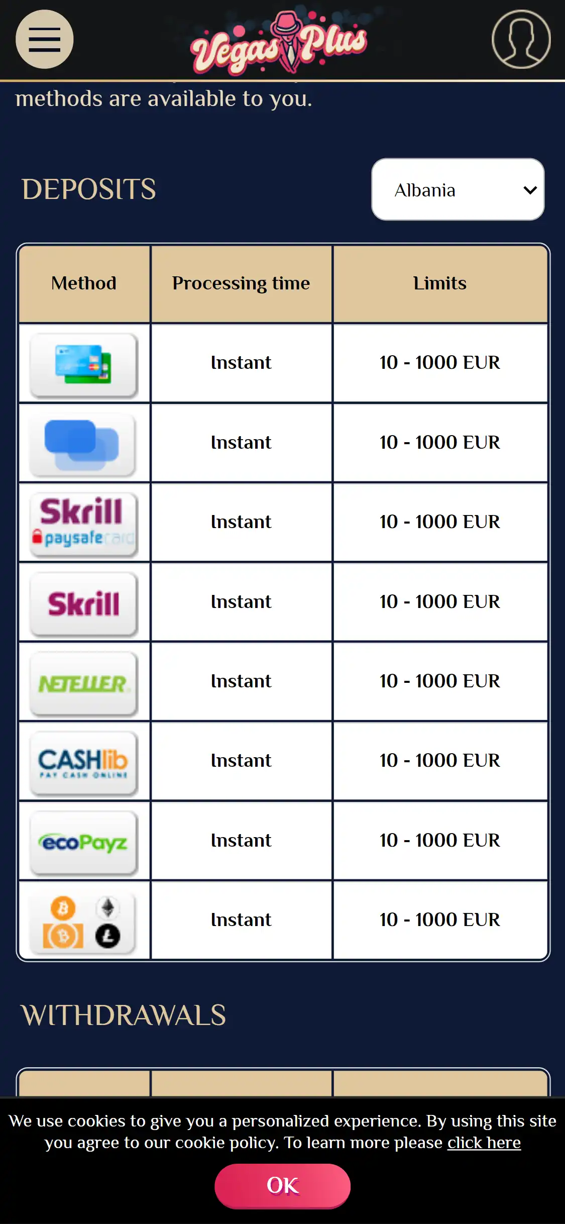 VegasPlus Casino Mobile Payment Methods Review