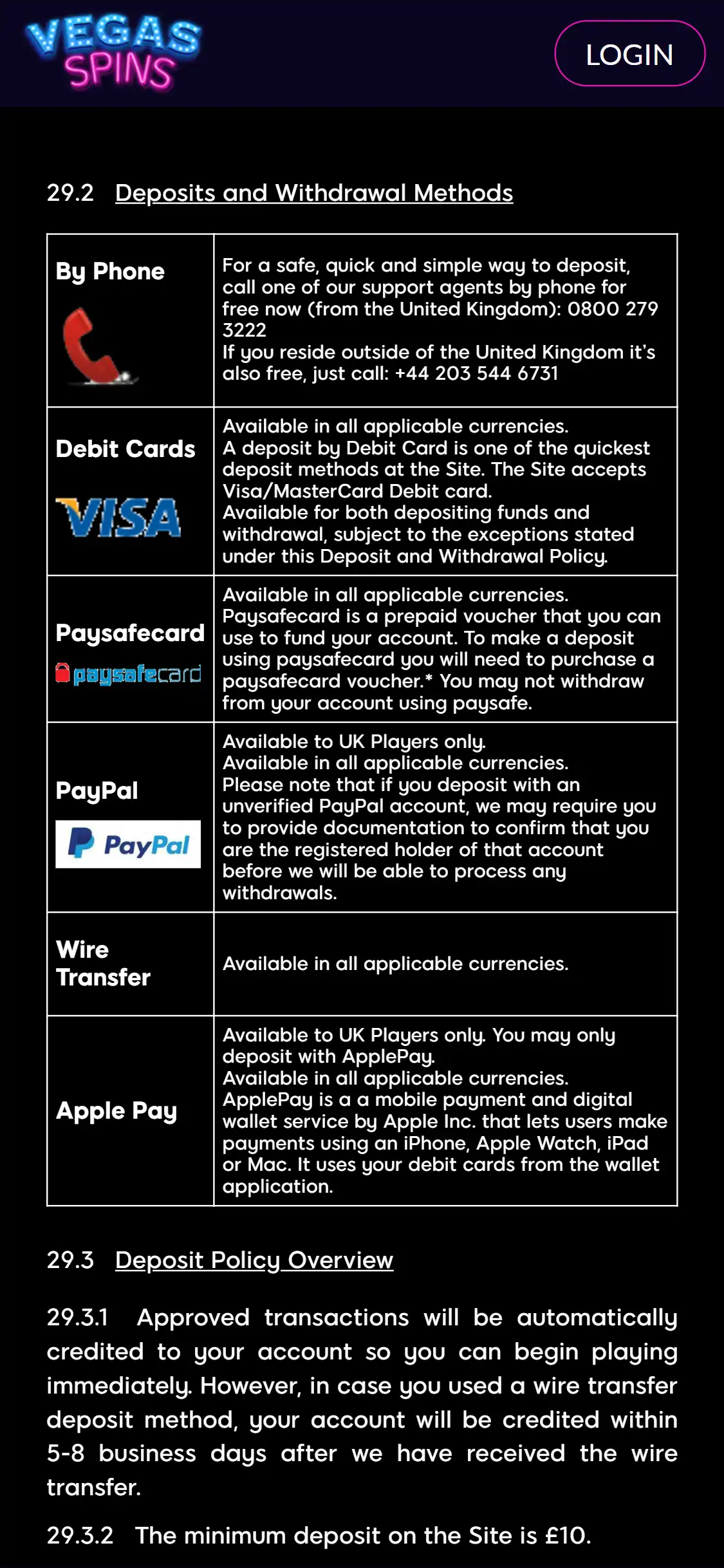 Vegas Spins Casino Mobile Payment Methods Review