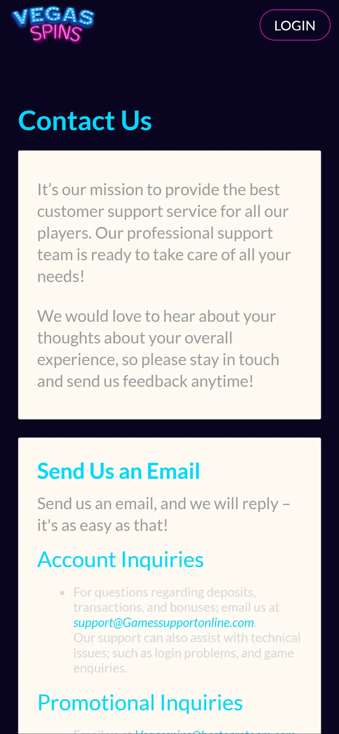 Vegas Spins Casino Mobile Support Review