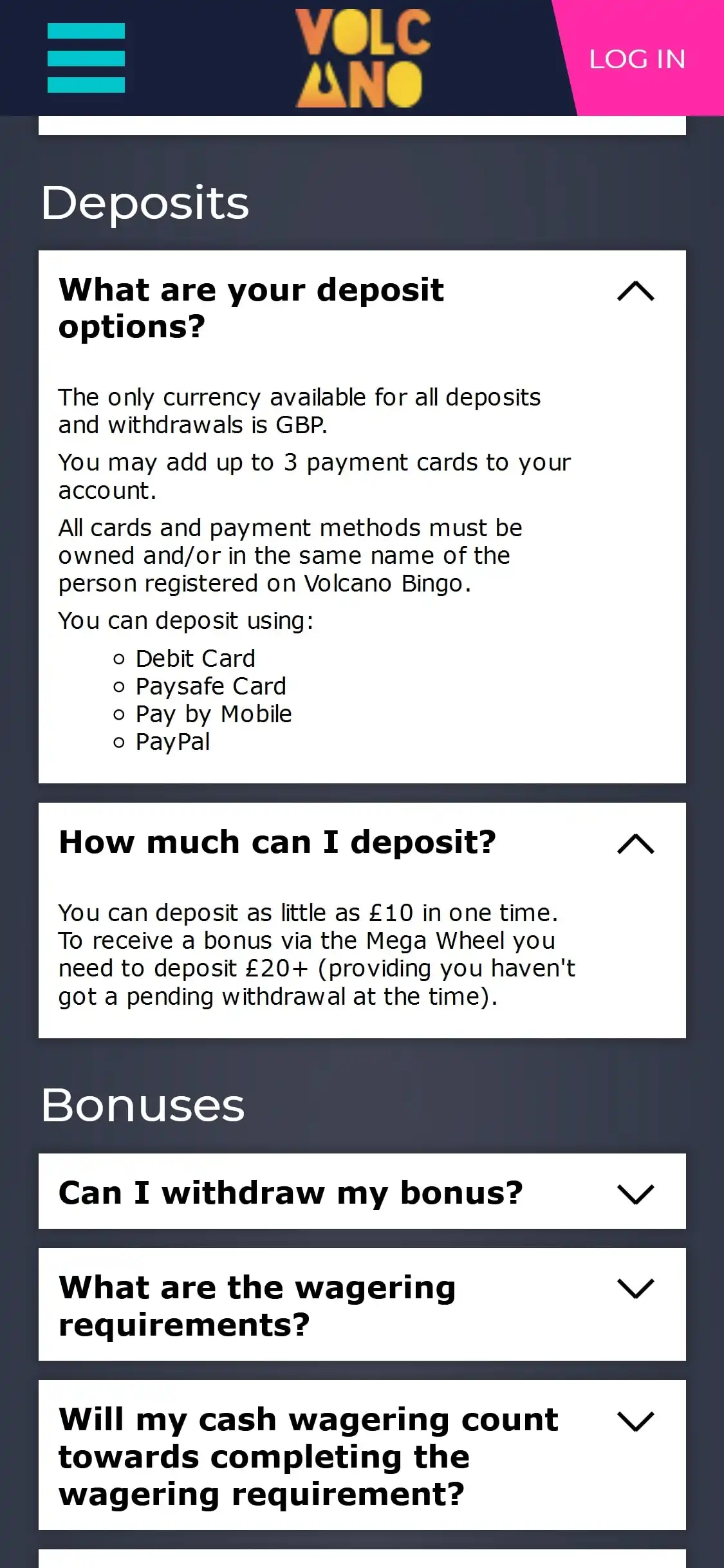 Volcano Bingo Casino Mobile Payment Methods Review