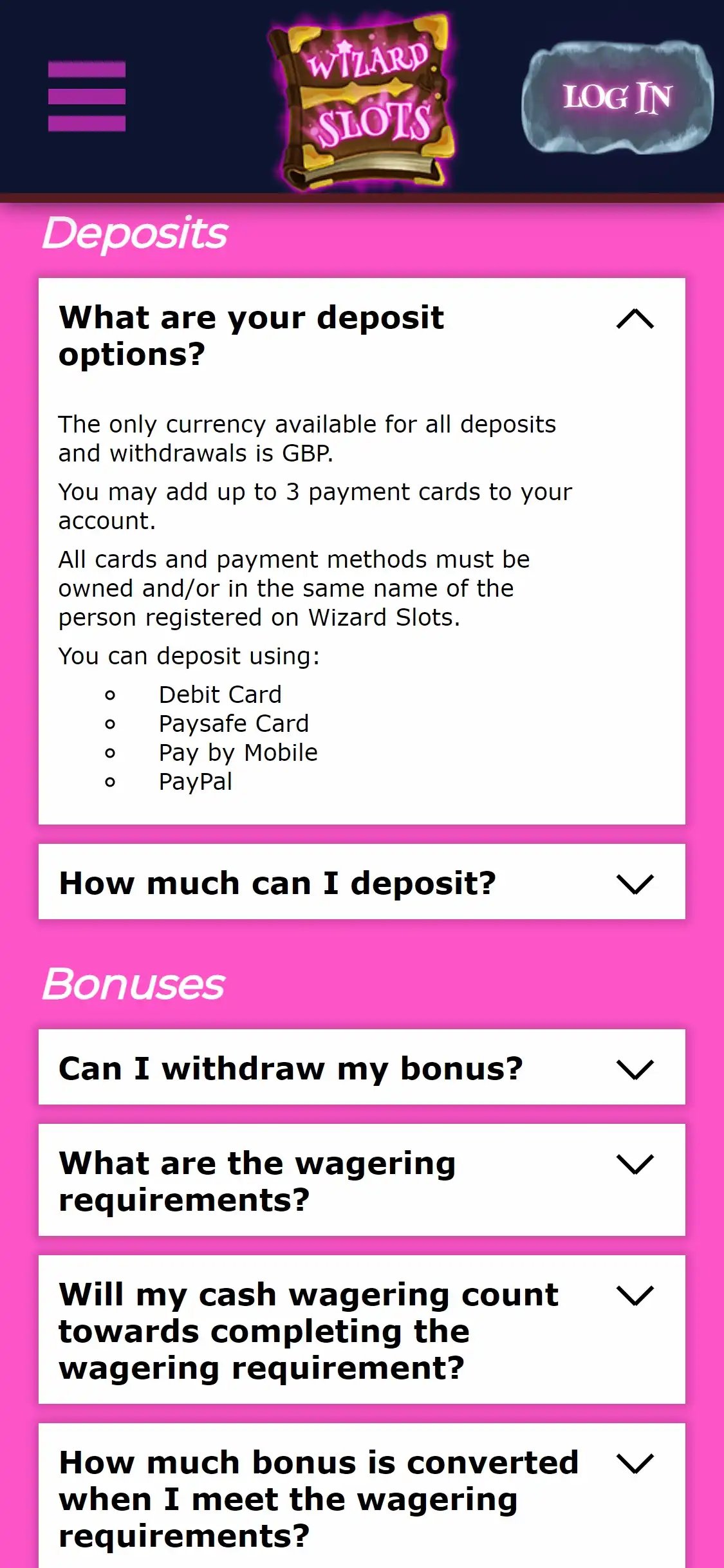 Wizard Slots Casino Mobile Payment Methods Review