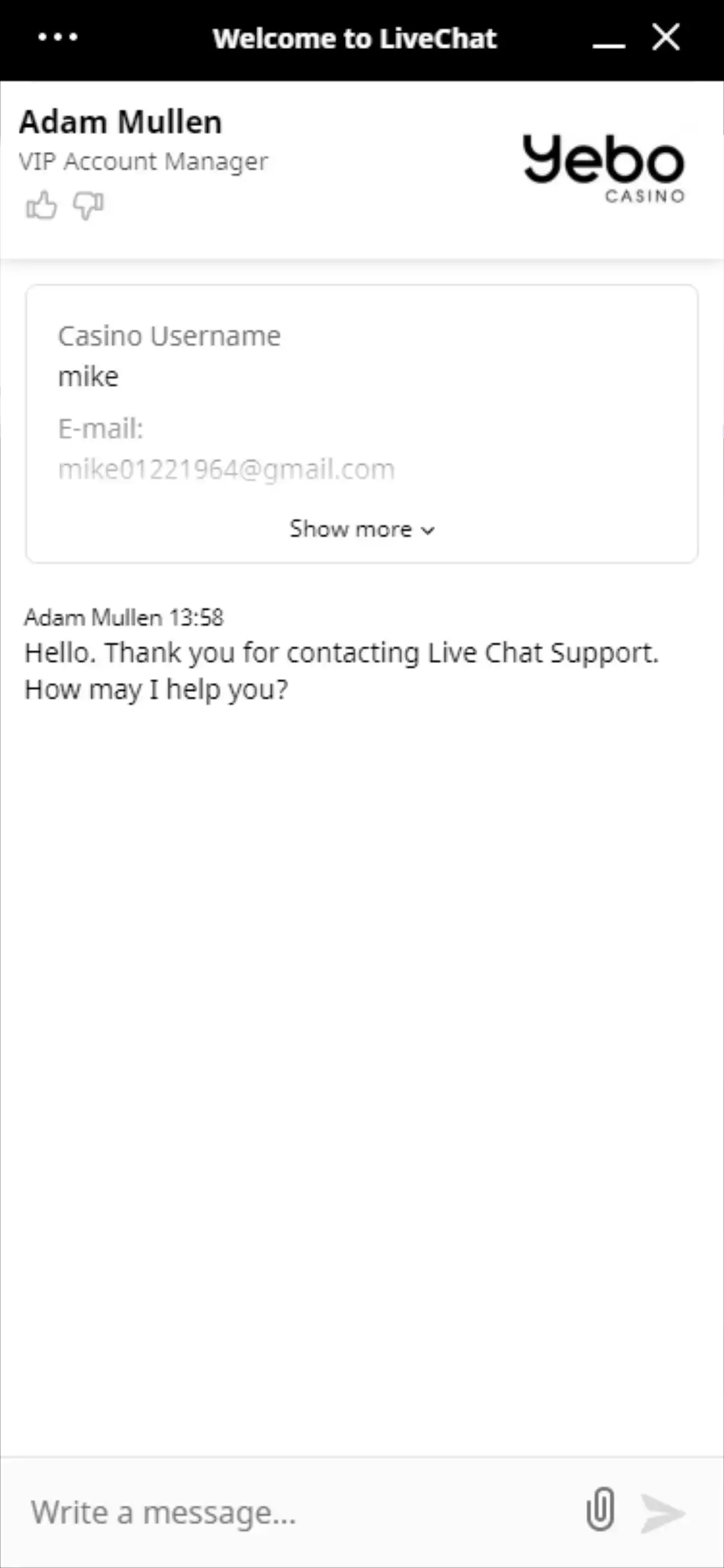 Yebo Casino Mobile Support Review