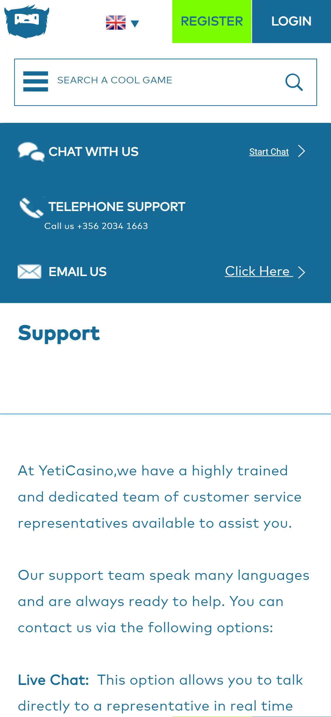 Yeti Casino Mobile Support Review