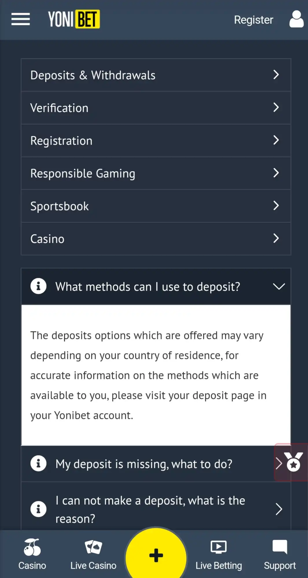 Yonibet Casino Mobile Payment Methods Review